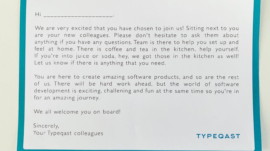 Typeqast Welcome Letter